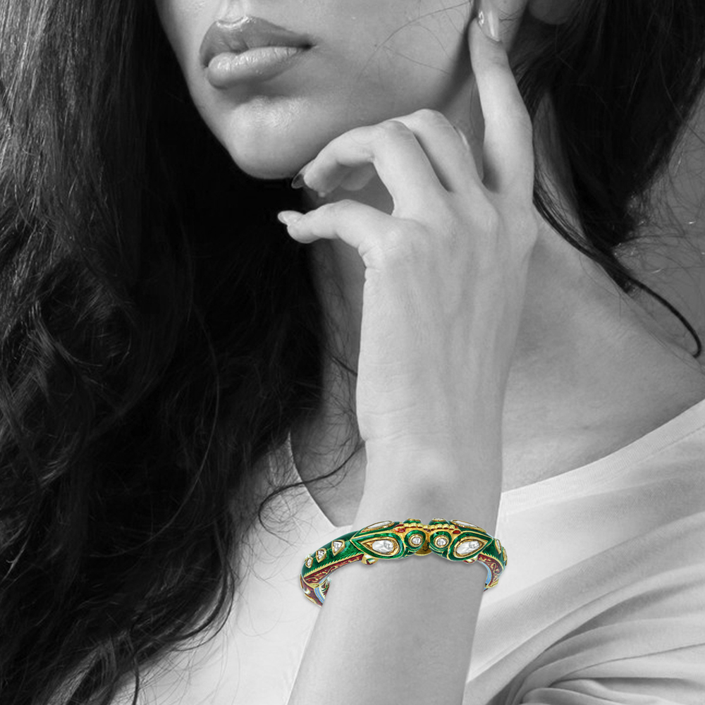 Polki Bangle with Red and Green Enamel Meenakari